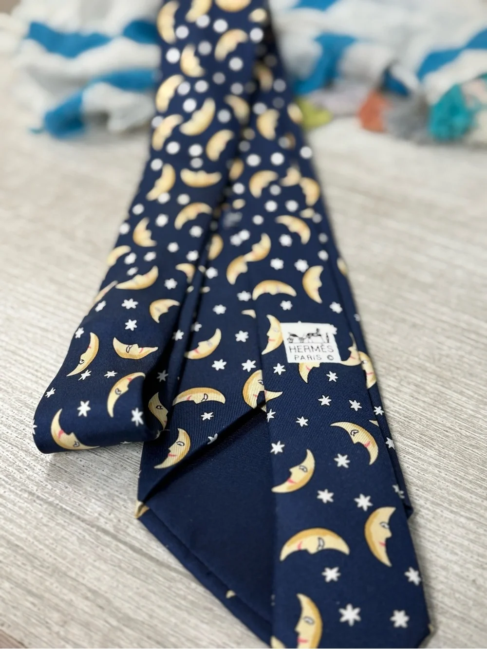 Vintage Hermes Silk Tie with Crescent Moon & Stars Pattern